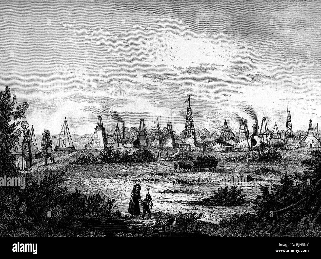 energy, oil, drilling, near Oehleim / Peine, wood engraving, circa 19th century, historic, historical, oil spring, oil well, oil springs, oil wells, shaft tower, production derrick , shaft towers, production derricks, crude oil, crude naphtha, raw oil, base oil, rock oil, crude petroleum, raw material, raw materials, crude materials, industry, power generation, production, fossil, petrified, fuel tank, oil tank, fuel tanks, oil tanks, people, Stock Photo