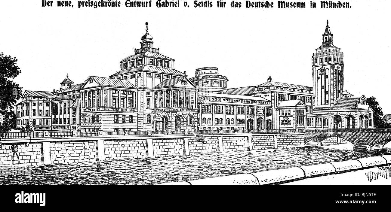 geography / travel, Germany, Munich, museums, Deutsches Museum (German Museum), draft by Gabriel von Seidl, 'Muenchner Zeitung', drawing by Schmidt, 9.11.1906, Stock Photo
