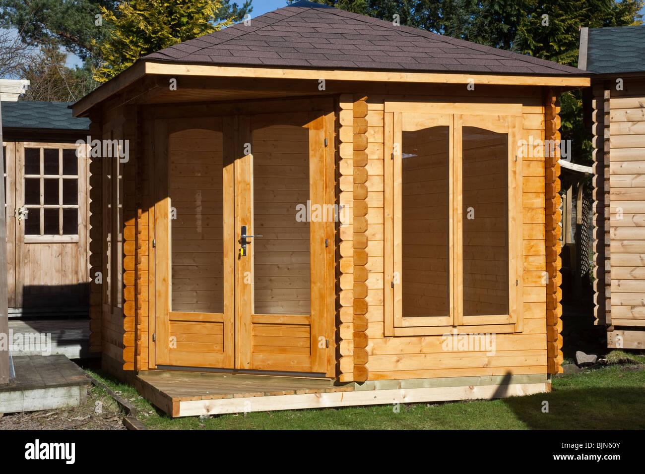 Garden Shed, Outbuilding, chalet, garden, house, architecture, summer, home, wood, nature, building, cottage, Summerhouse or Countryside Cabin, UK Stock Photo
