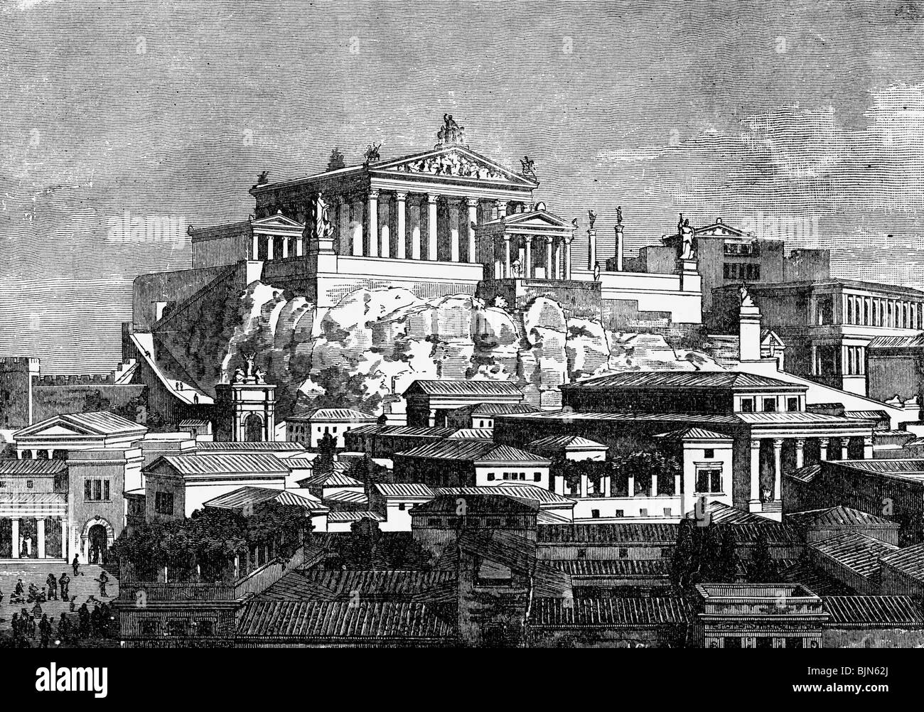 geography / travel, Italy, Rome, Capitoline Hill, Temple of Jupiter Capitolinus, view, 1st century AD, reconstruction, wood engr Stock Photo