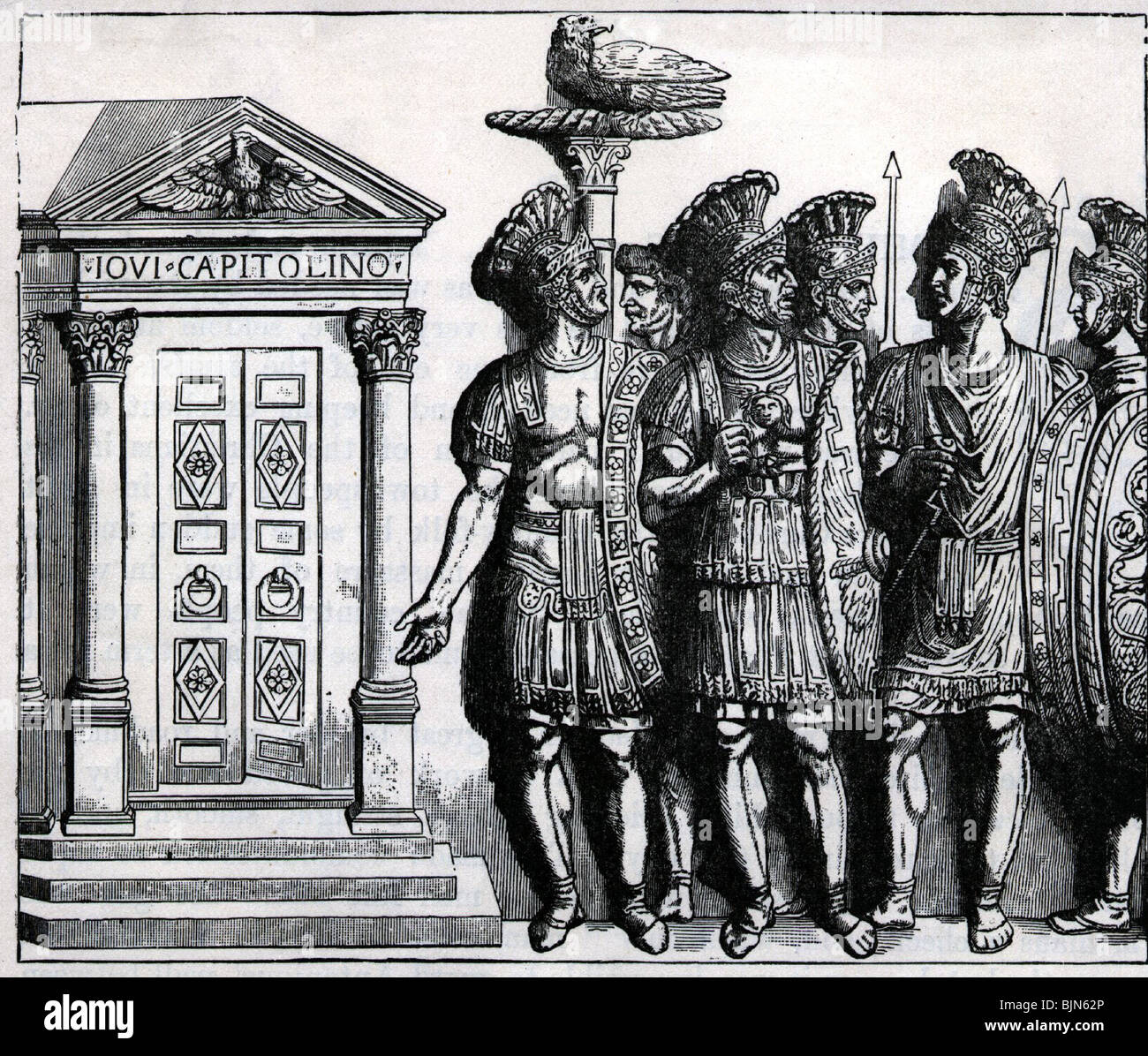 ancient world, Roman Empire, military, Praetorian Guard, soldiers in parade suit of armour, wood engraving after ancient relief, historic, historical, standard, guidon, eagle, soldier, life guards, ancient world, people, Stock Photo