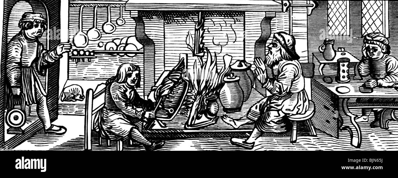 gastronomy, early 16th century kitchen, after a woodcut by Hans