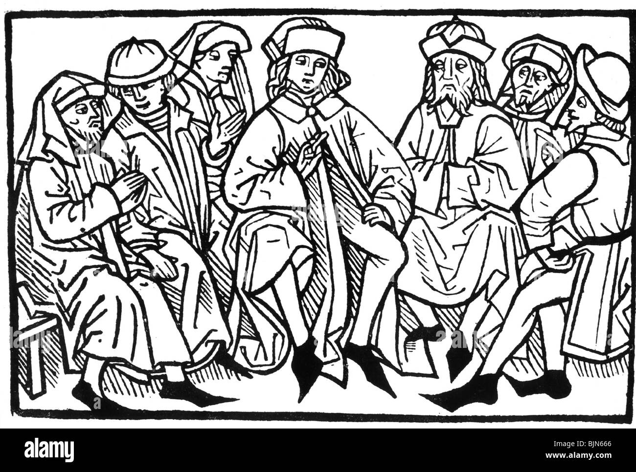 science, university, Liberal Arts, represented by seven disputing scholars, woodcut, Augsburg, Germany, circa 1480, Stock Photo