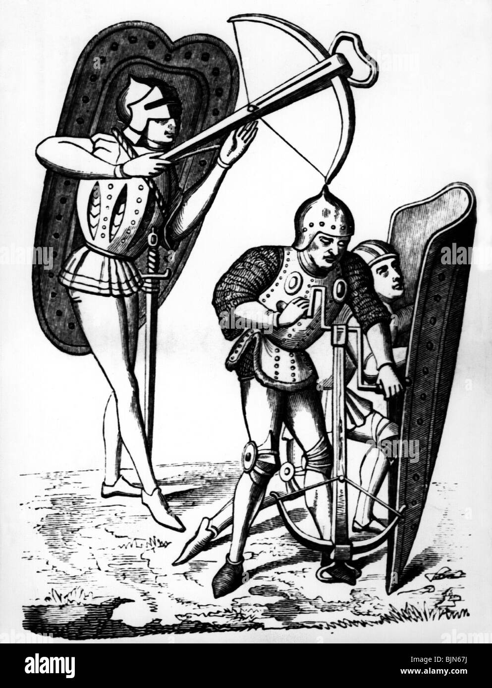 military, crossbowmen with shields, 15th century, wood engraving, historic, historical, Middle Ages, shield, weapon, weapons, crossbowman, medieval, people, Stock Photo