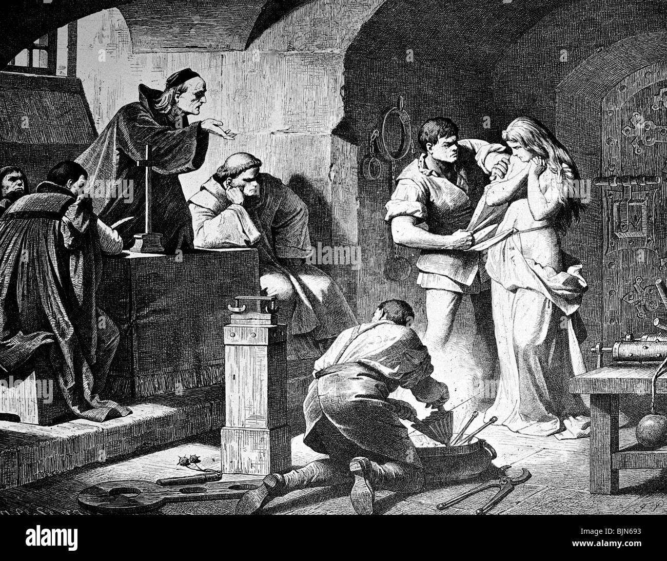 witches, witch hunting era, interrogation of a witch by the inquisition, illustration from the 19th century, historic, historical, torture chamber, torturer, clergyman, judiciary, people, Stock Photo