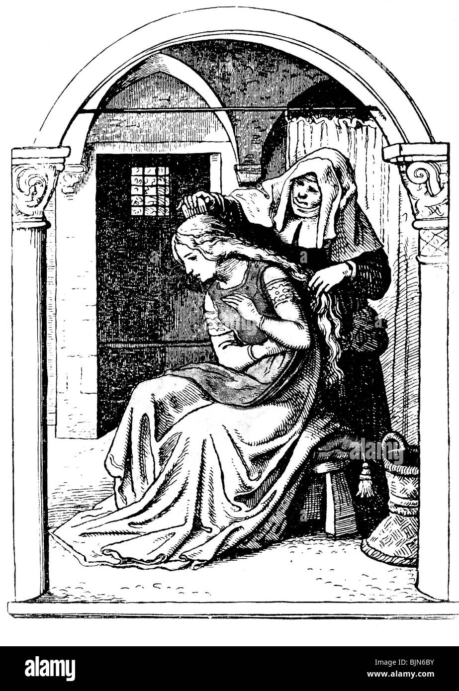 literature, fairy tales, Brothers Grimm, Snow White, scene: her stepmother brushes her hair with a poisoned comb, combing, historic, historical, evil, wicked queen, people, Stock Photo