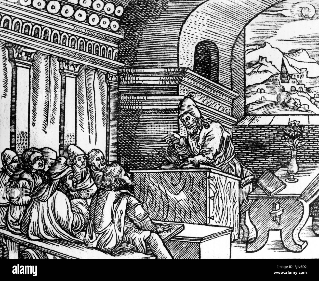 education, school, 'The Lesson', teacher at a university giving a lecture, woodcut from 'Zwierciadlo' (Mirror), by Mikolaj Rej, Poland, 1568, Stock Photo
