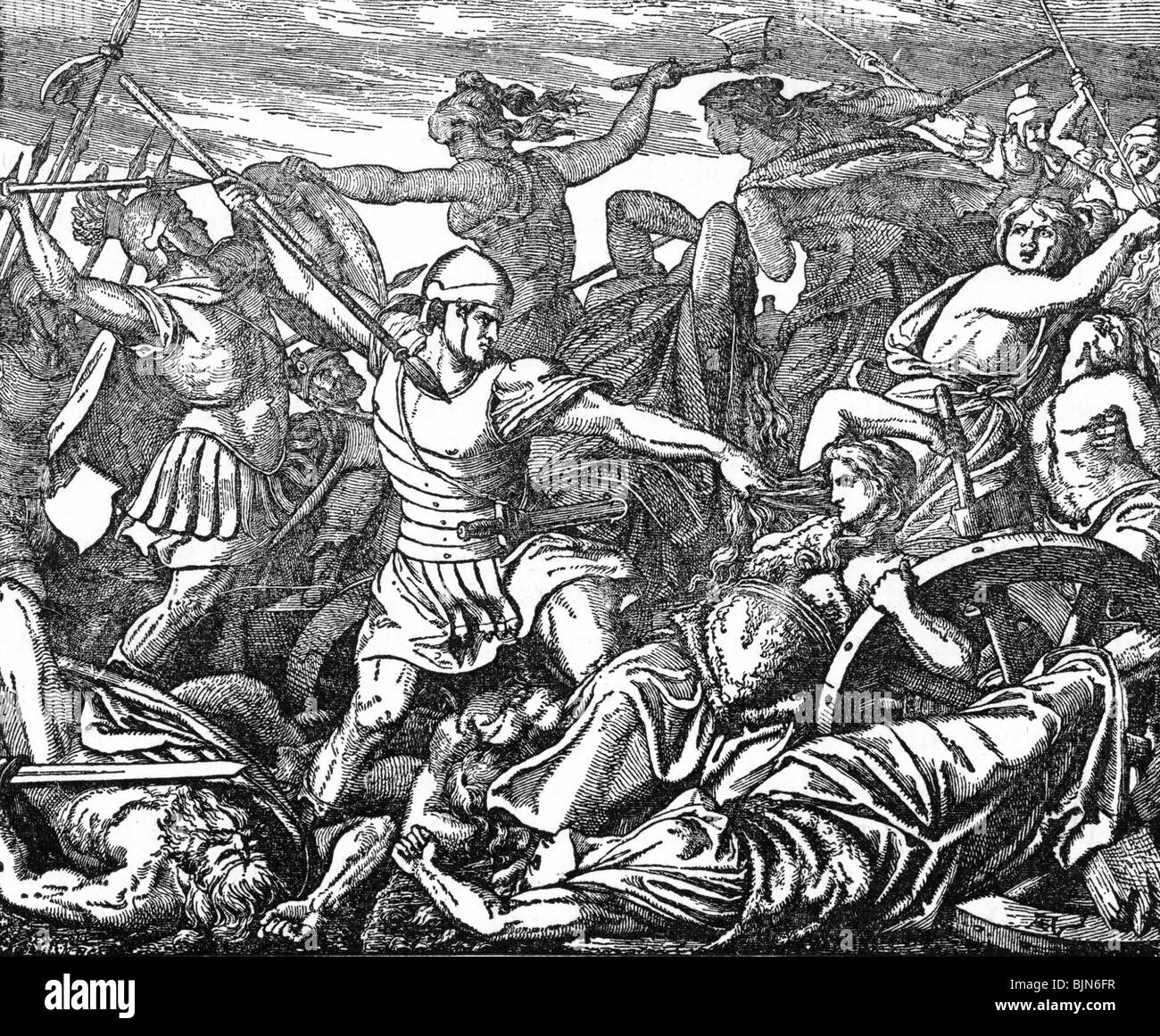 events, Cimbrian War 113 - 101 BC, Battle of Vercellae, 30.7.101 BC, Cimbrian women defending the carriages, wood engraving, 19th century, ancient world, antiquity, Roman Empire, Germanics, Cimbri, Romans, soldiers, legionary, Italy, 2nd century BC, historic, historical, ancient world, people, Stock Photo