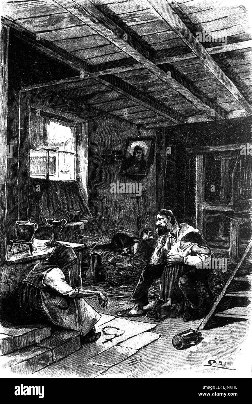 people, misery / adversity, typhus-infected starving weavers in Silesia, typhus, infected, hunger, starvation, 19th century, historic, historical, Stock Photo