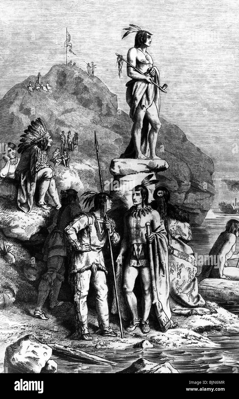 geography / travel, United States of America, American Indians, Yanktonans waiting for the steamship St. Ange, after nature wood engraving, drawing by Fred Kurz, 1851, Stock Photo