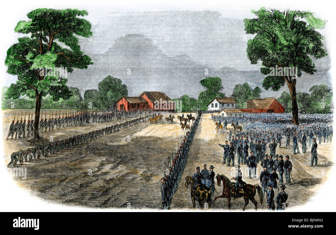 Confederate surrender of Mississippi River town of Port Hudson LA, after the fall of Vicksburg, 1863. Hand-colored woodcut Stock Photo