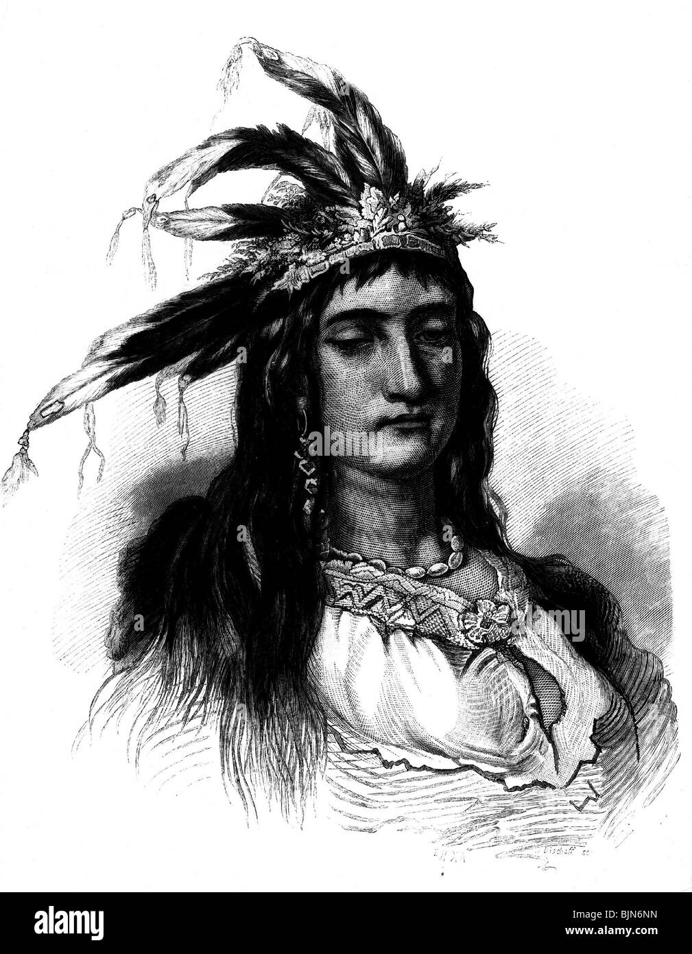 geography / travel, United States of America, American Indians, woman of a Pawnee chieftain, wood engraving after drawing by Peter Kraemer, 1872, Stock Photo