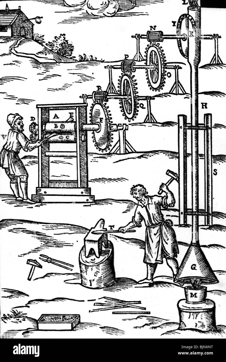 industry, metal, mill and blacksmith, woodcut to 'Le Machine' of Giovanni Branca, Rome, 1639, Stock Photo