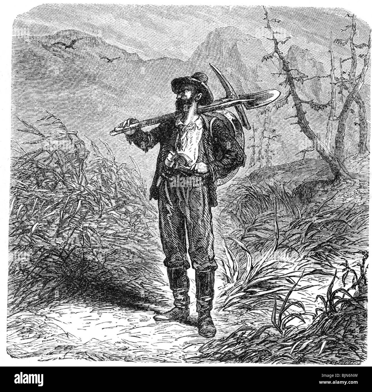 metal, gold, gold miner with pickaxe, shovel and other equipment Stock