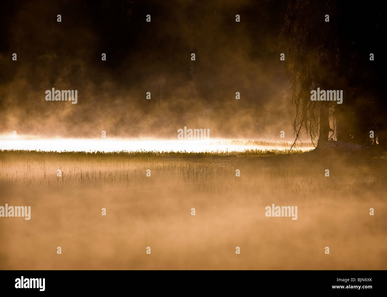 SPARKS LAKE, OREGON, USA - morning mist rises from Sparks Lake in the central Oregon Cascades mountains. Stock Photo