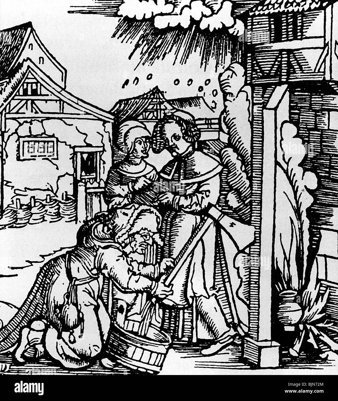 witchcraft, witch produces whey by using magic, woodcut by Gailer von Kaisersberg, 1517, Stock Photo
