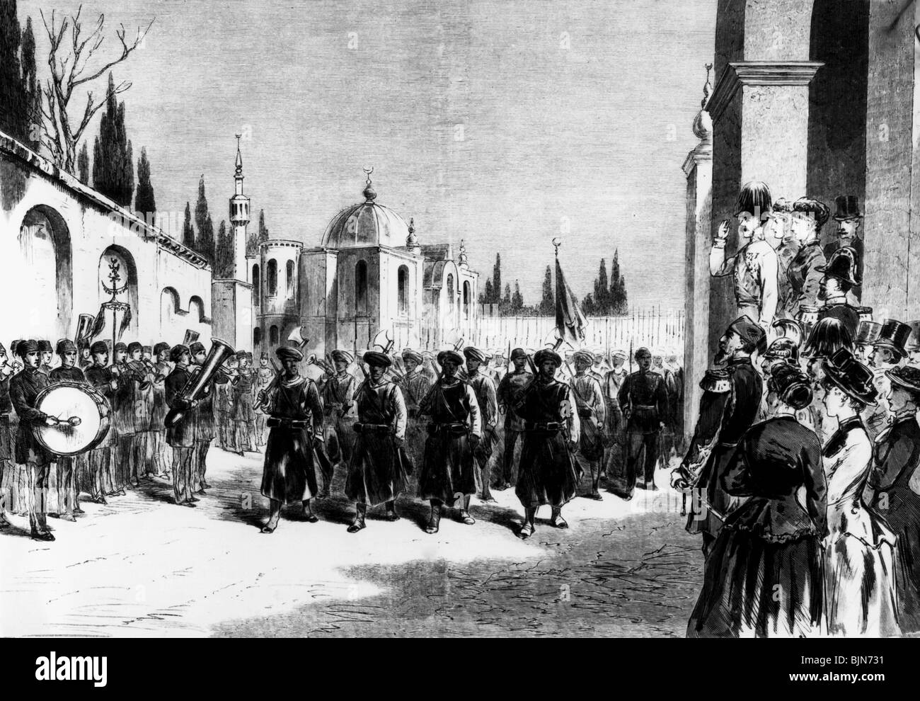 Rudolf, 21.8.1858 - 30.1.1889, Crown Prince of Austria-Hungary, journey to the Orient 1884, parade of the garrison of Constantinople, wood engraving after scetch by F. Schlegel, 1884, , Stock Photo