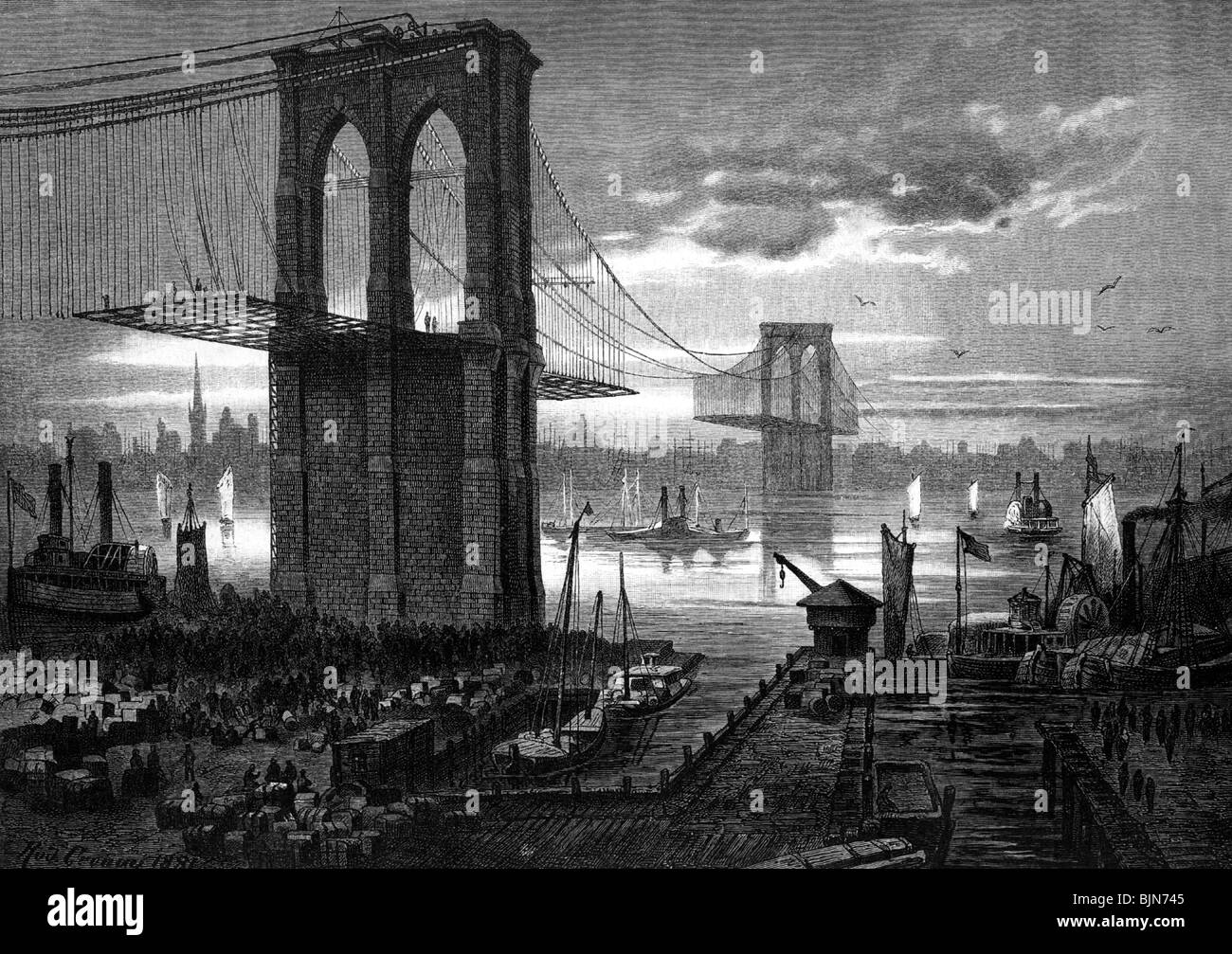 geography / travel, United States of America, New York, East River Bridge (Brooklyn Bridge), May 1881, Stock Photo