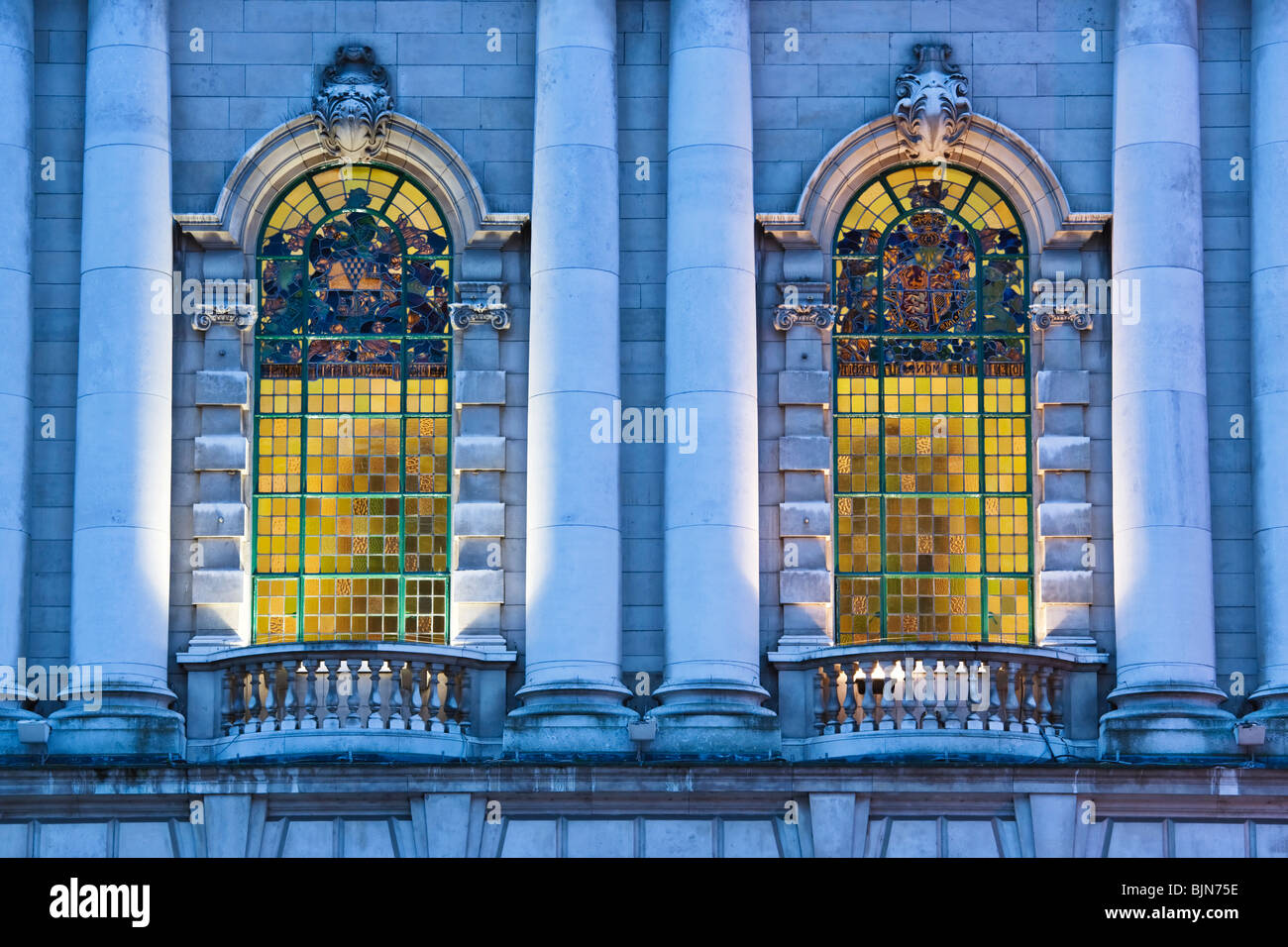 Stained glass windows on the exterior of Belfast City Hall, refurbished and reopened in 2009, Belfast, Northern Ireland Stock Photo