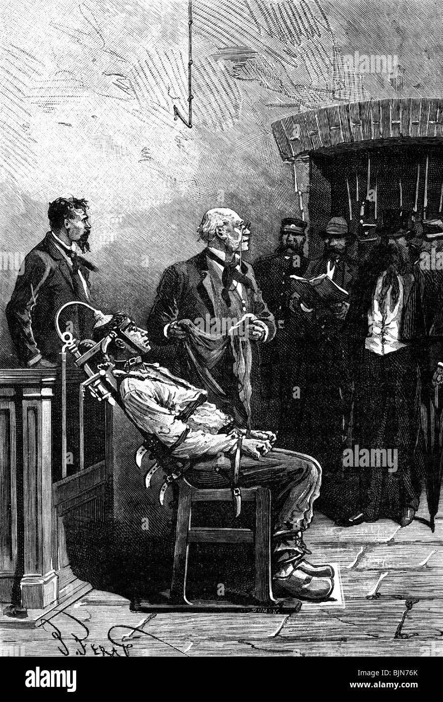 justice, penitentiary system, electric chair, execution, France, wood engraving, late 19th century, historic, historical, electricity, carrying out, death penalty, capital punishment, people, Stock Photo