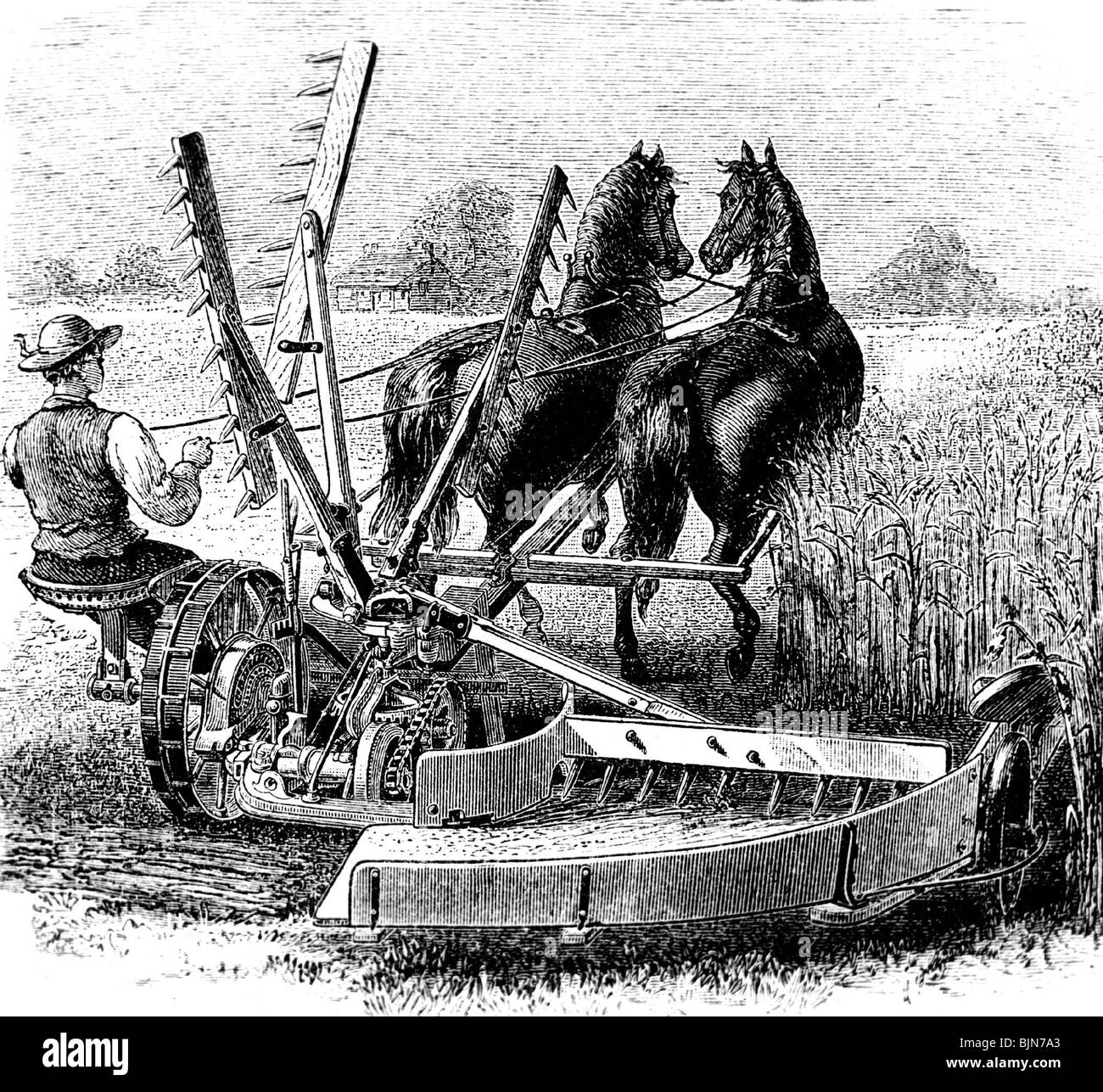 agriculture, machines, mower of the ironworks Bergdorf, wood engraving, circa 1897, Stock Photo