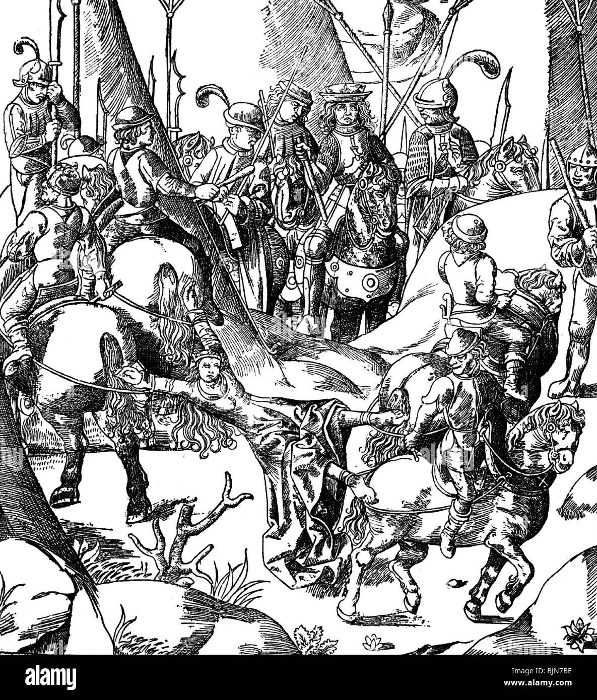 justice, penitentiary system, dismemberment, execution of Brunhilde, the Queen of Franconia, woodcut, 15th century, historic, historical, divide into four parts, capital punishment, death penalty, horses, woman, offender, delinquent, offenders, delinquents, carrying out, executions, medieval times, Middle Ages, people, women, female, Stock Photo