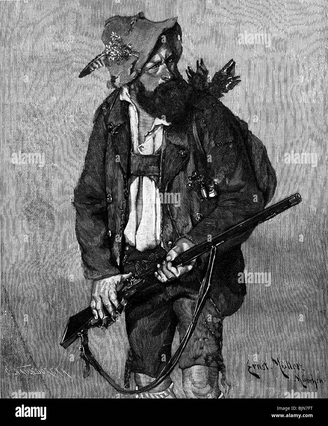 hunting, hunter, poacher, wood engraving after drawing by Ernst Mueller, 1902, Stock Photo