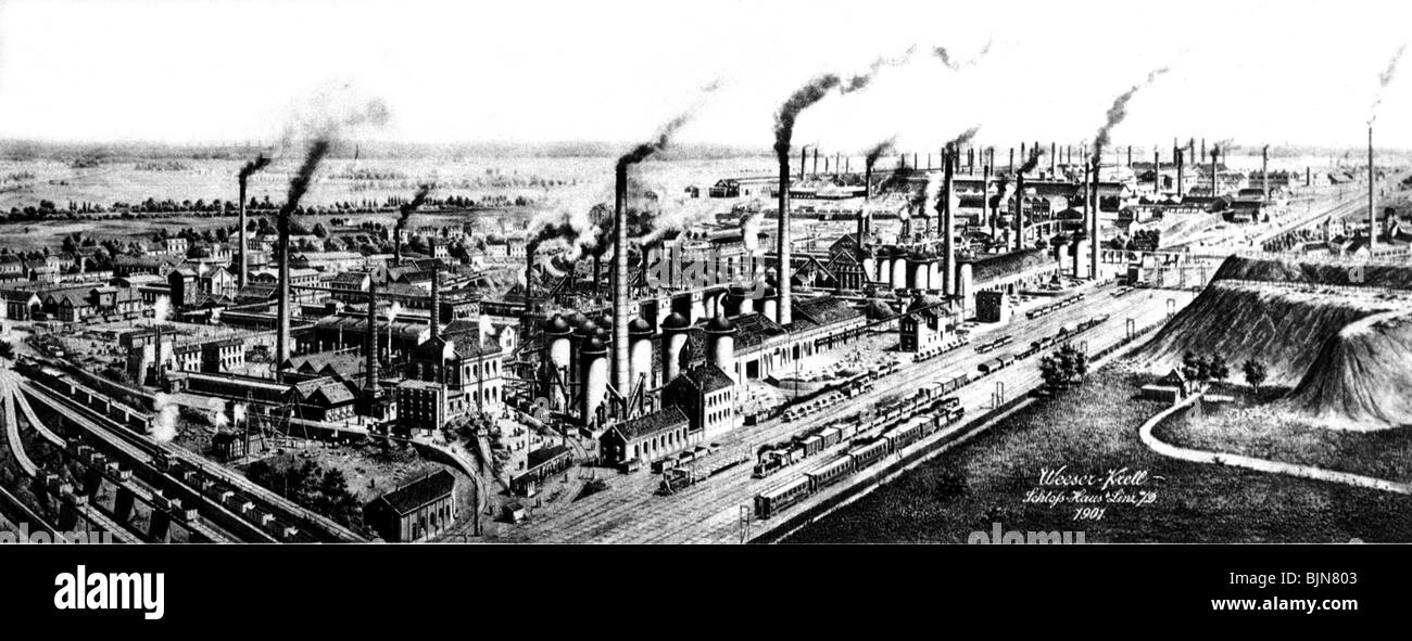 industry, metal, industrial plant 'Gutehoffnungshuette' (Good Hope Smeltery) of Haniel at Oberhausen, Ruhr, Germany, lithograph by Weeser & Krell, 1901, detail, rolling mill Neu Oberhausen, ironworks, Stock Photo