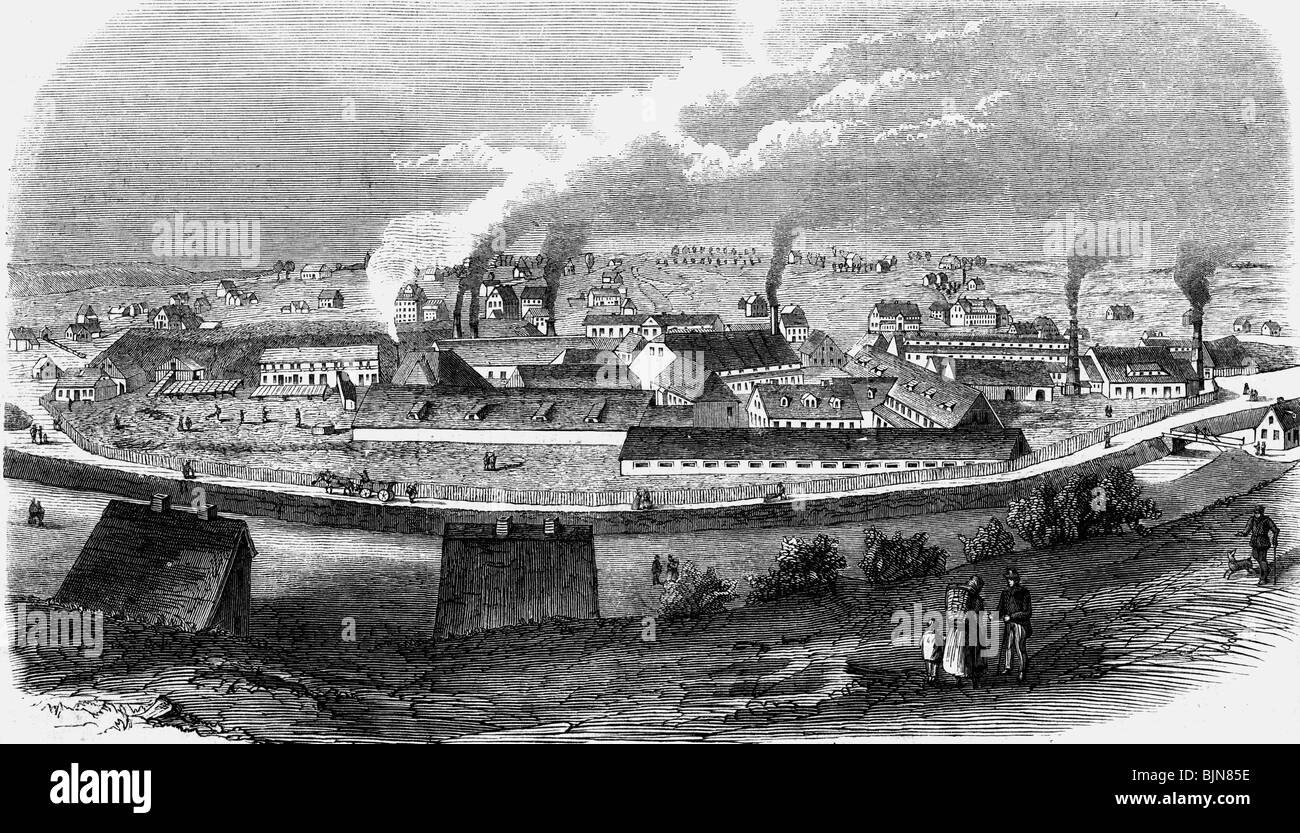 industry, metall, amalgamation works and smelting plant, Freiberg, Saxony, exterior view, wood engraving, 1857, Stock Photo
