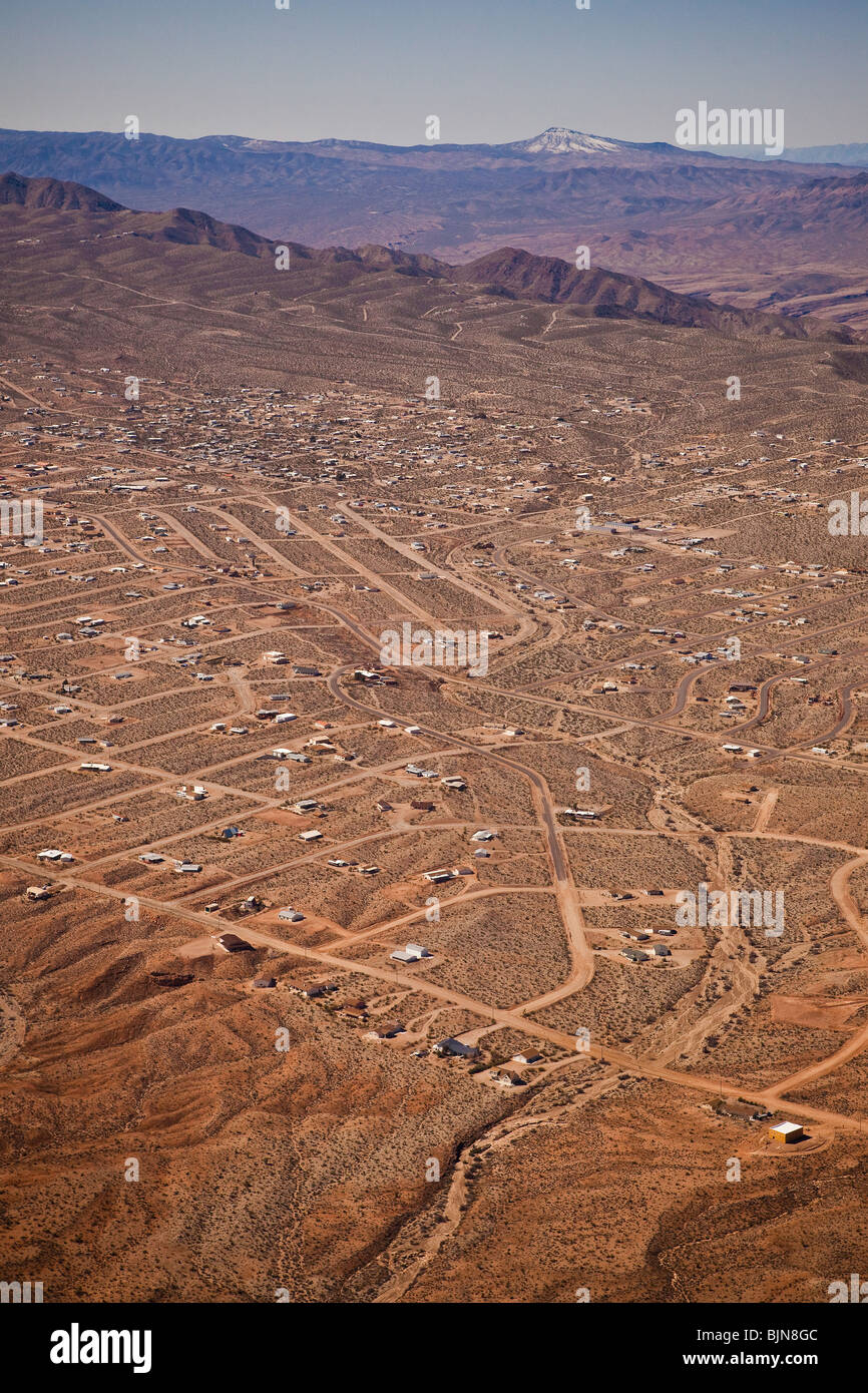 Aerial view of the remote high desert town of Temple Bar, AZ near the west rim of the Grand Canyon National Park. Stock Photo