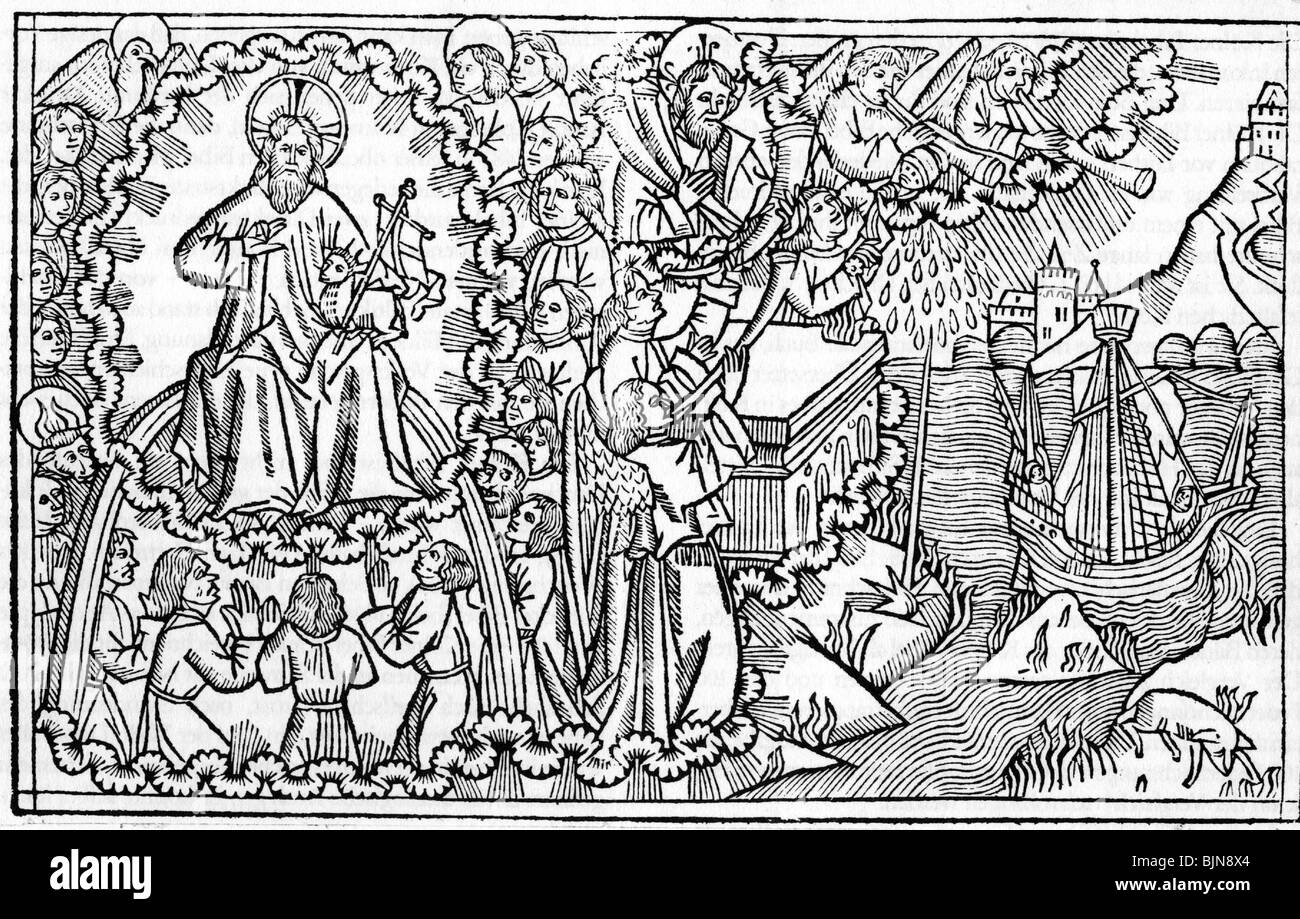 religion, Christianity, God the Father with the lamb, scene with angels, woodcut, 15th century, historic, historical, ship, trombones, allegorical illustration, middle ages, people, Stock Photo