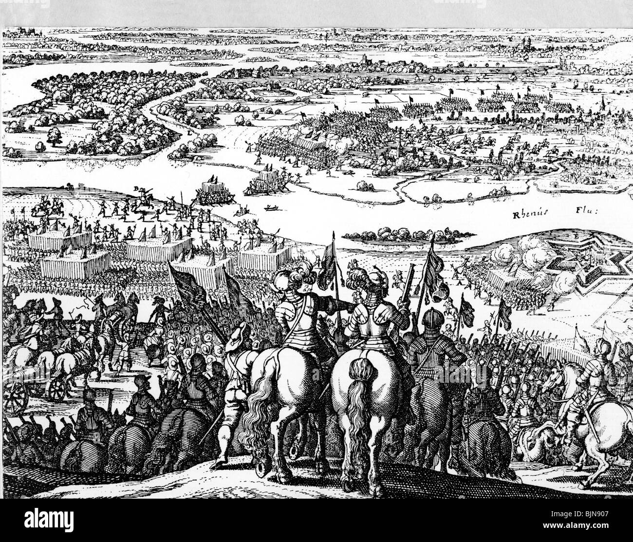 events, Thirty Years War 1618 - 1648, Swedish Intervention 1630 - 1635, the Swedish Army crossing the Rhine river near Oppenheim, 21.12.1631, contemporary copper engraving, battle, engagement, formation, soldiers, Erdfelden, Palatinate, Germany, 19th century, historic, historical, people, Stock Photo