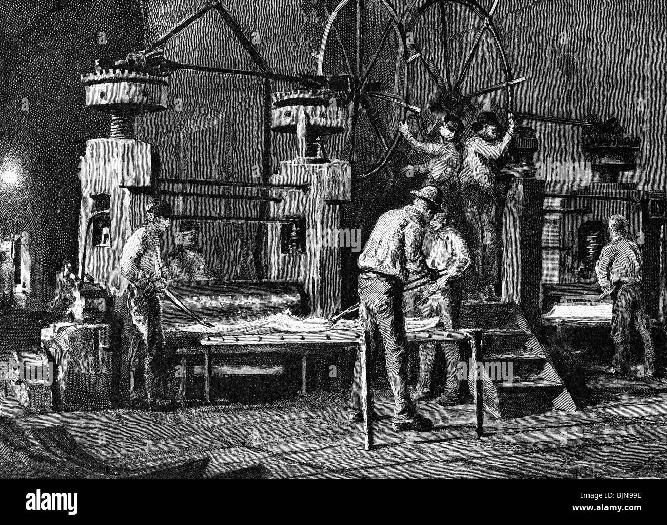 industry, metal, lead, 'Friedrichshuette' in Tarnowitz, Upper Silesia, interior view, plate roll, wood engraving, 2nd half 19th century, , Stock Photo