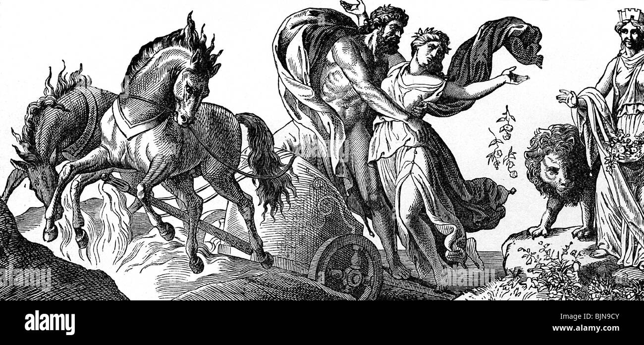 Pluto, Roman god of the underworld, abducting Persephone, wood engraving, 19th century, Stock Photo