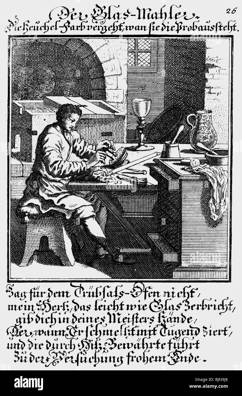 people, professions, glass painter, copper engraving, 'Staendebuch' of Christoph Weigel, 1698, with vers by Abraham a Santa Clara, , Artist's Copyright has not to be cleared Stock Photo