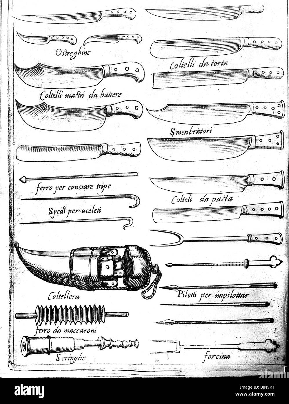gastronomy, kitchen, kitchenware by Bartolomeo Scappi, secret chef of pope Pius V, 16th century, historic, historical, knife, fork, forks, tool, tools, cutting tool, Stock Photo