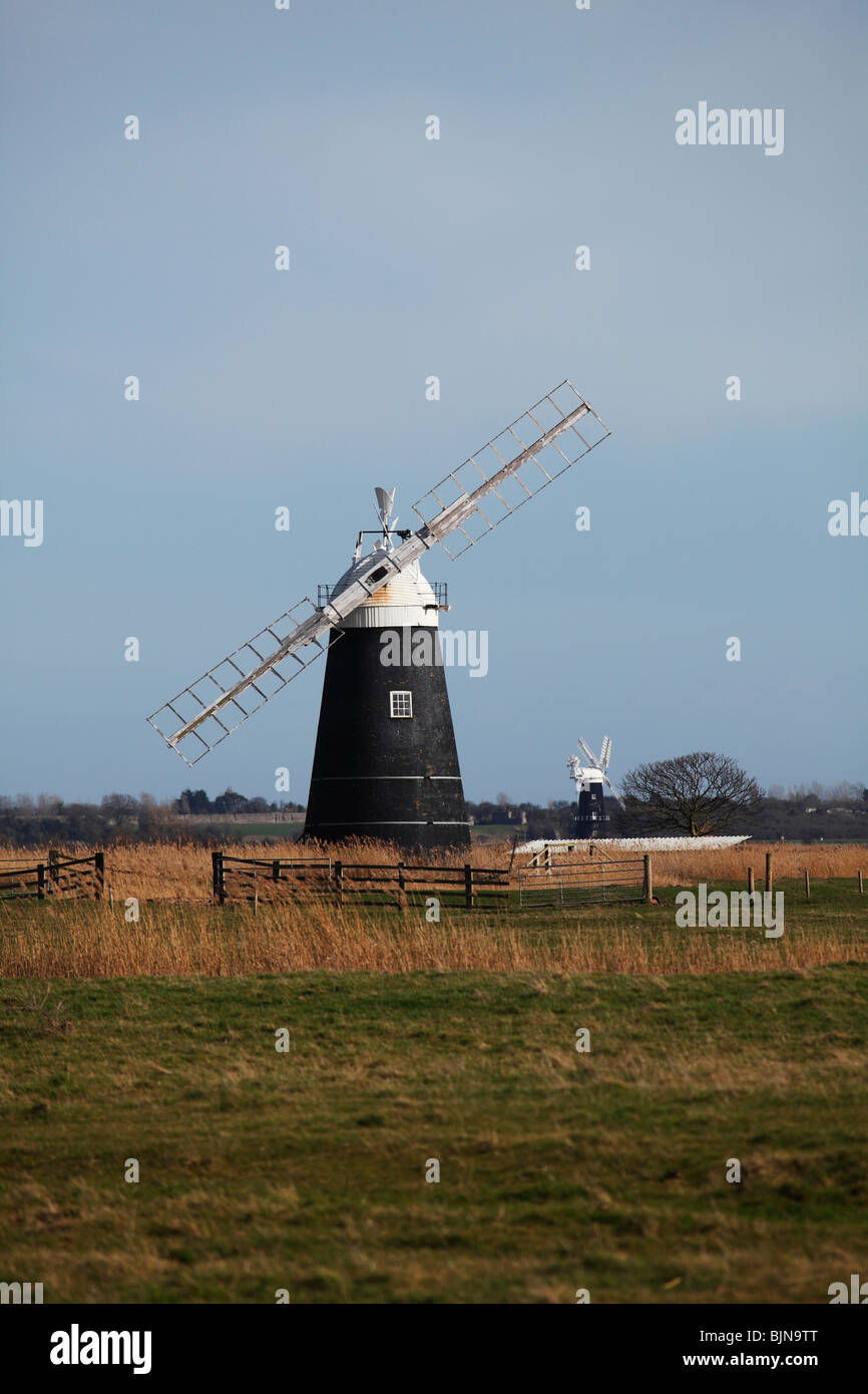 Mutton's Drainage Mill, and Berney Arms Drainage Mill, Halvergate Marshes, Norfolk Broads Stock Photo