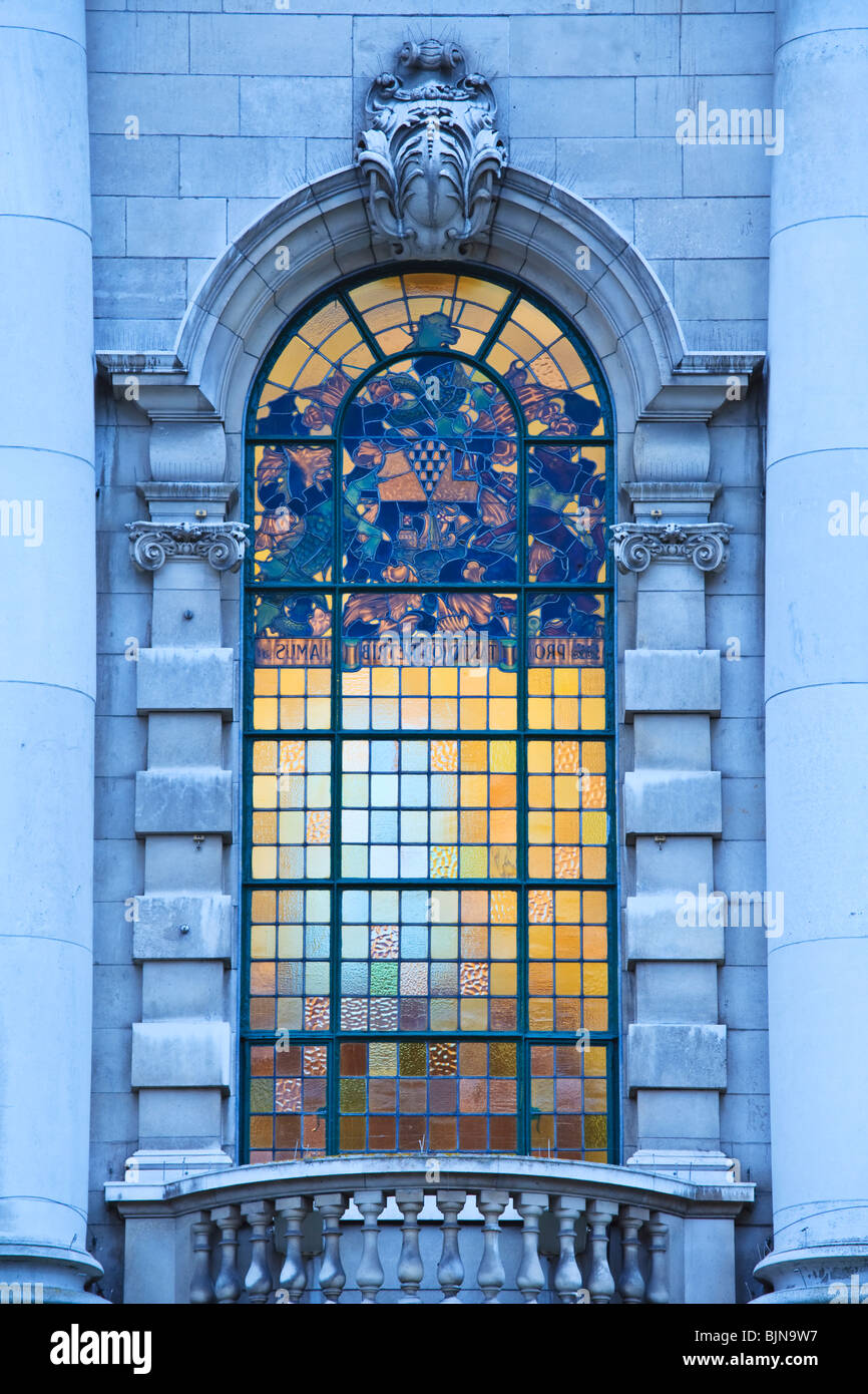 Stained glass window on the exterior of Belfast City Hall, refurbished