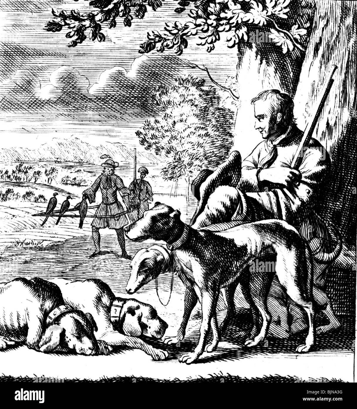 hunting, hunter, copper engraving from a book by Christoph Weigel, 1698, Stock Photo