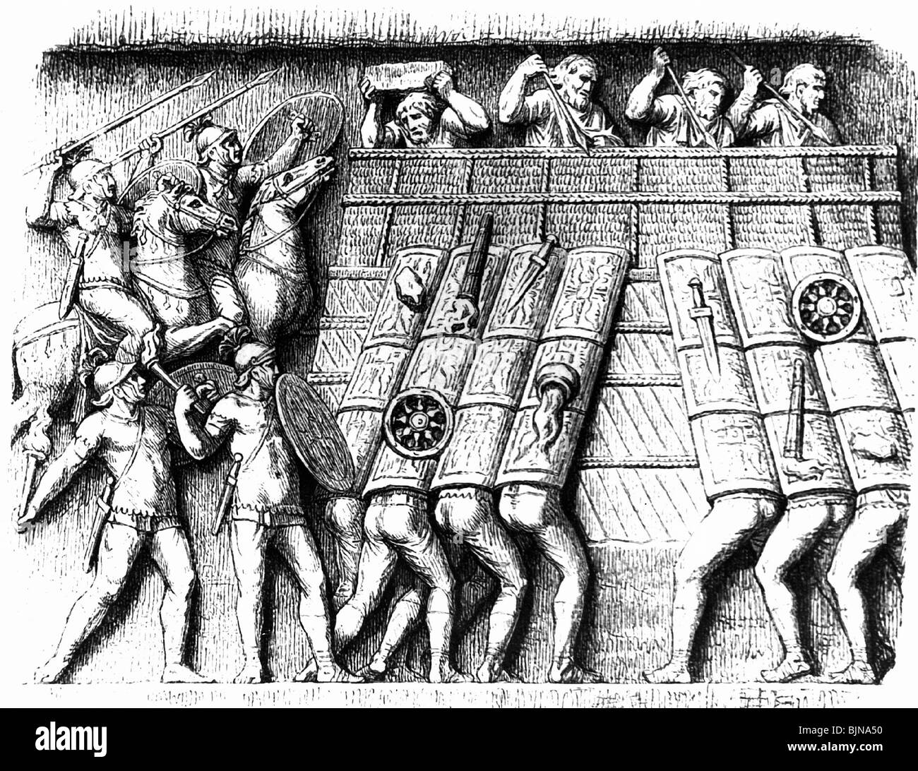 military, ancient world, Roman soldiers attacking a Germanic redoubt, drawing, 19th century, after a detail from the Column of Marcus Aurelius, Rome, 193 AD, historic, historical, legionnaire, legionaries, Roman Empire, formation, tortoise, turtle, testudo, soldiers, ancient world, people, Stock Photo