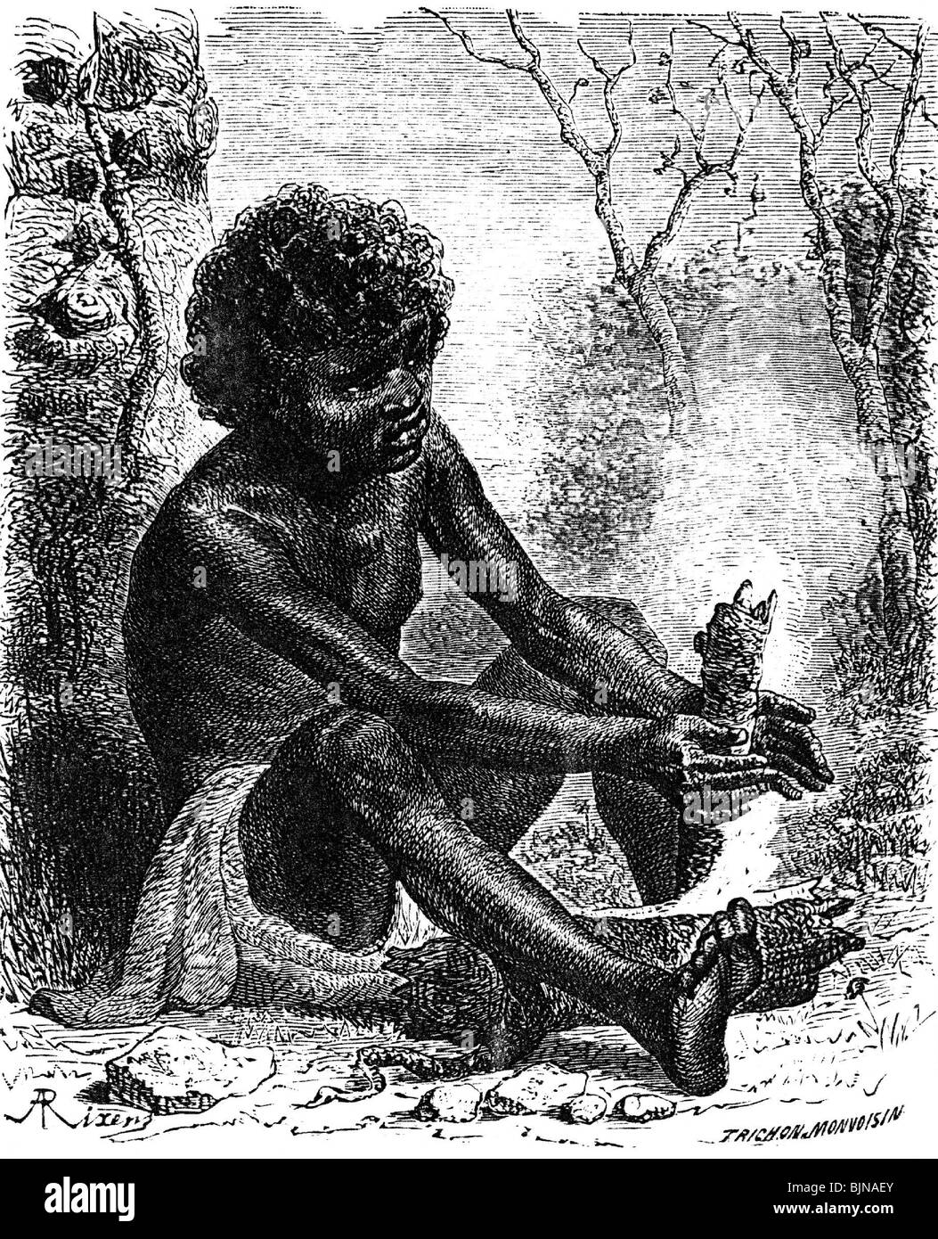 fire, native making fire by friction, using a wooden hand drill, wood