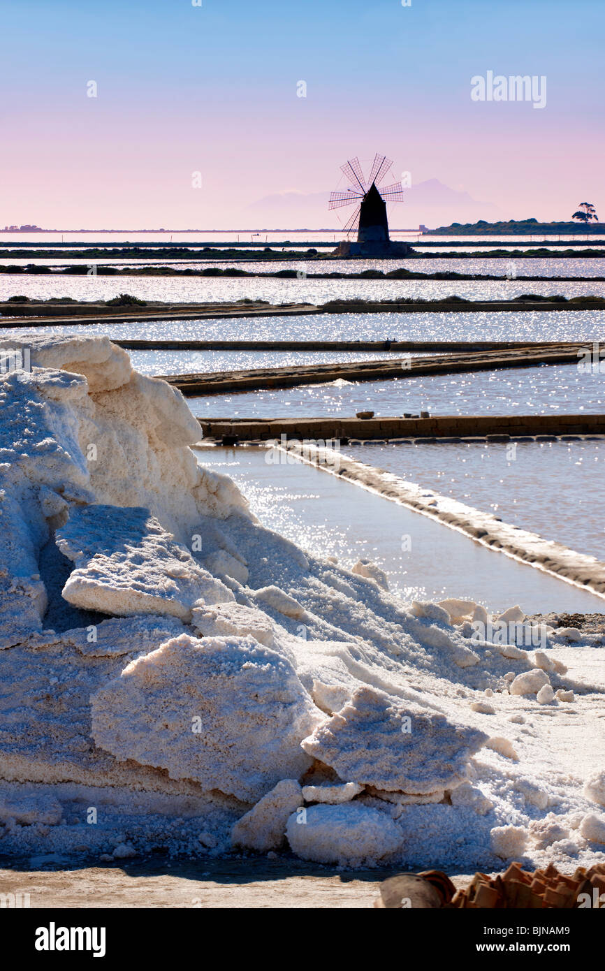 Salt pans near Ettore Infesera windmill, Masala Sicily. travel stock photos Stock Photo