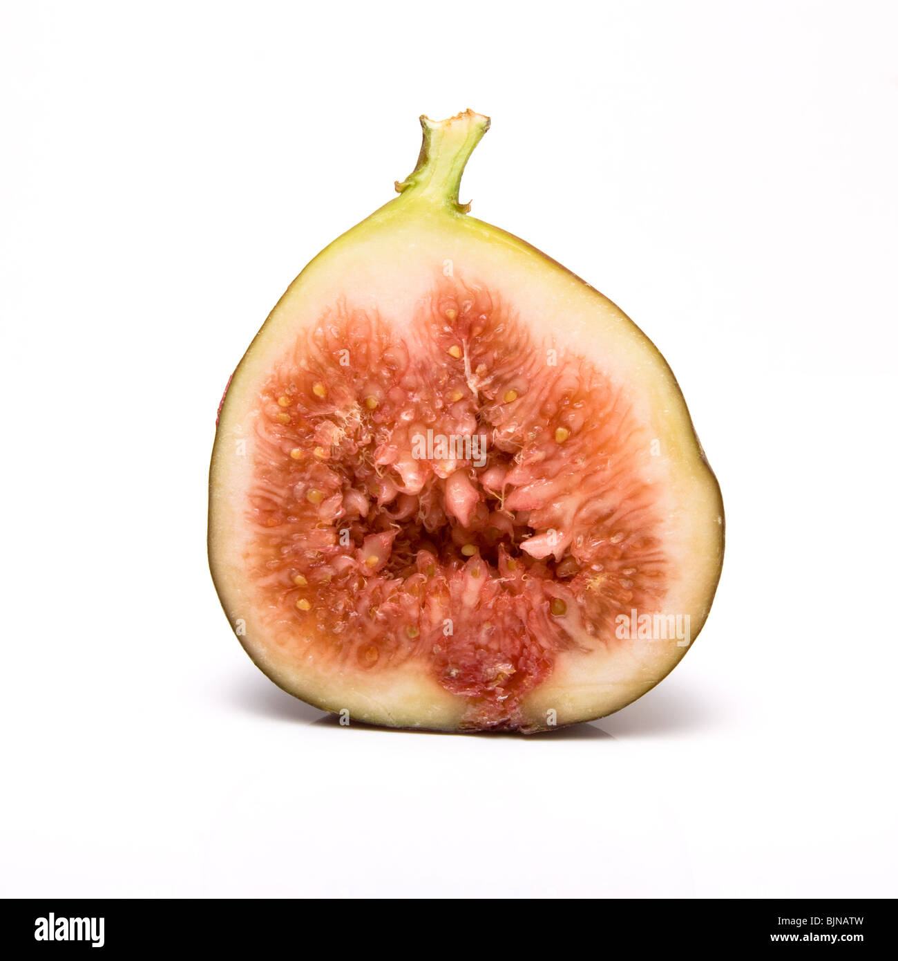 Sliced ripe fig from low viewpoint isolated against white background. Stock Photo