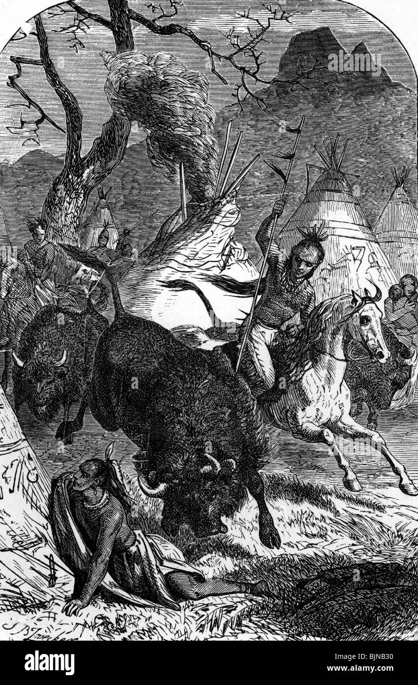 geography / travel, United States of America, American Indians, buffalo hunt, wood engraving after drawing by J.B. Zwecker, 19th century, historic, historical, hunting, bison, American bison, American buffalo, North America, male, man, men, people, Stock Photo