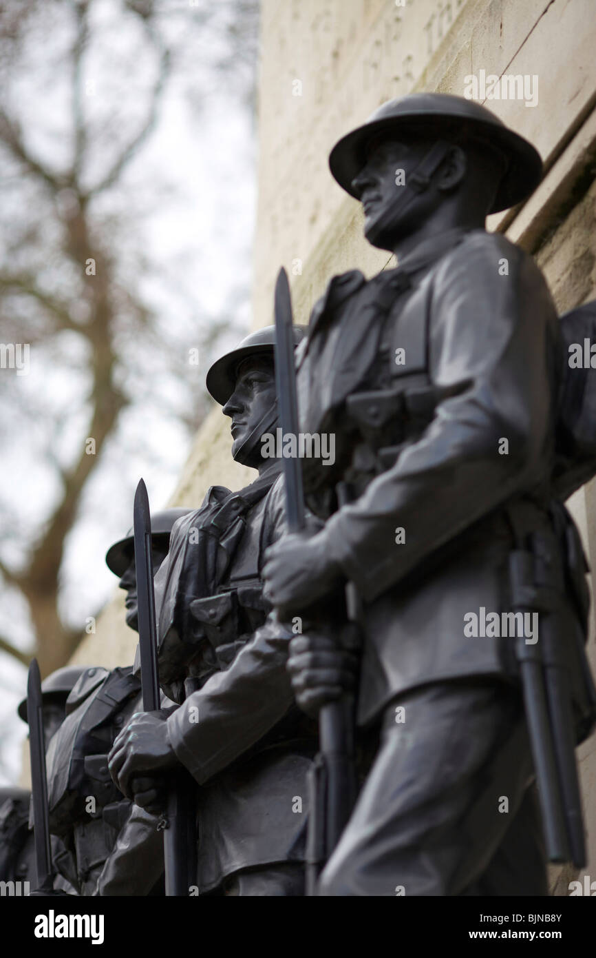 Detail of the bronze statues of soldiers on the Guards memorial cenotaph facing Horse Guards