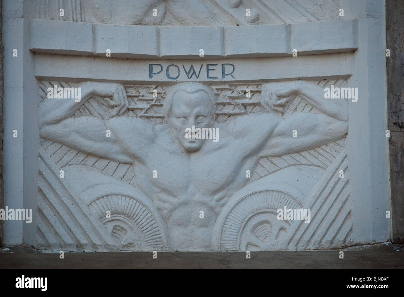 The bas-relief in Art Deco style celebrating benefits of the Hoover dam  displayed on the elevator towers at the Hoover Dam Stock Photo - Alamy