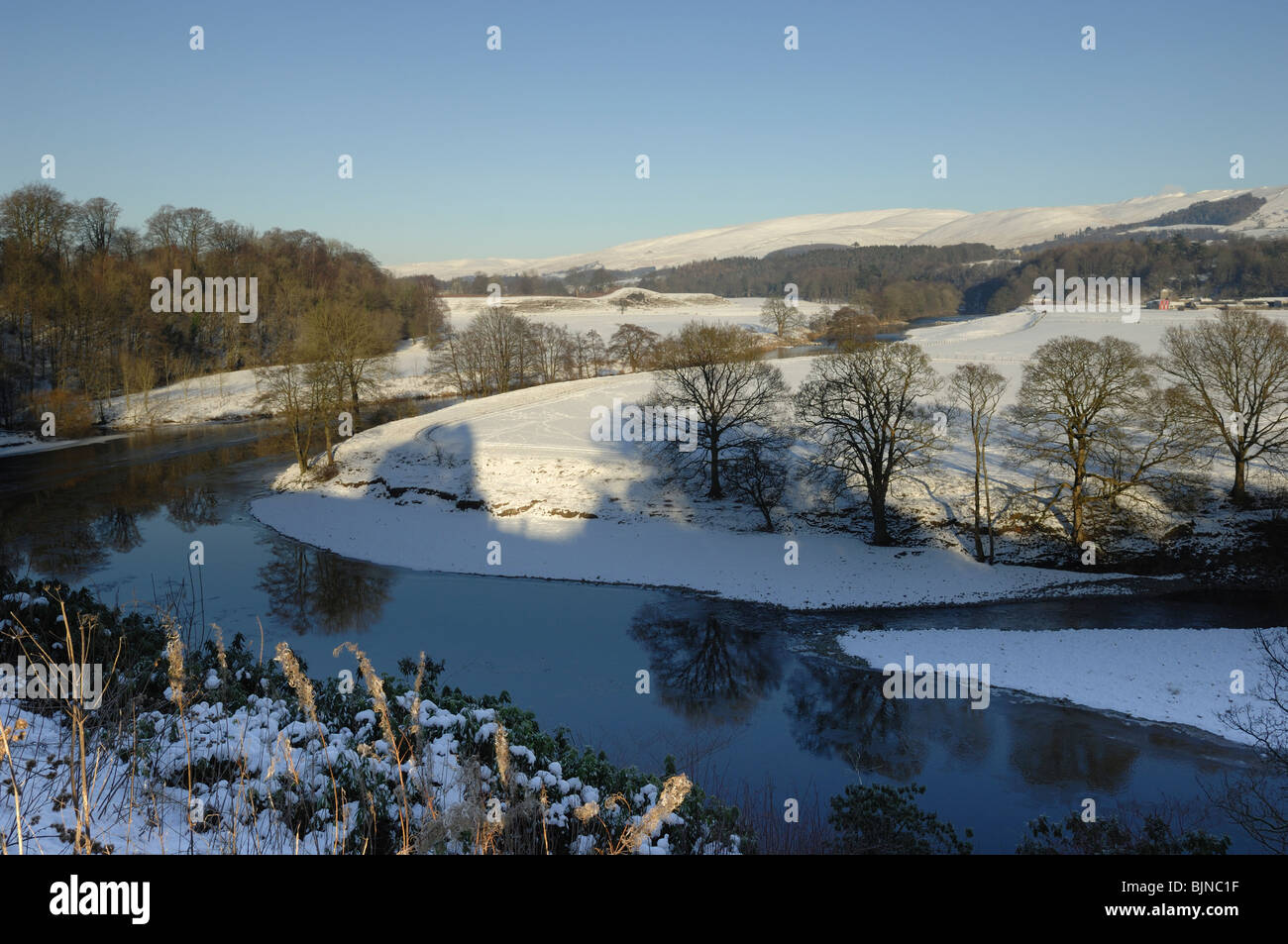 The famous Ruskin's View looking across the River Lune at Kirkby Lonsdale in winter with snow on