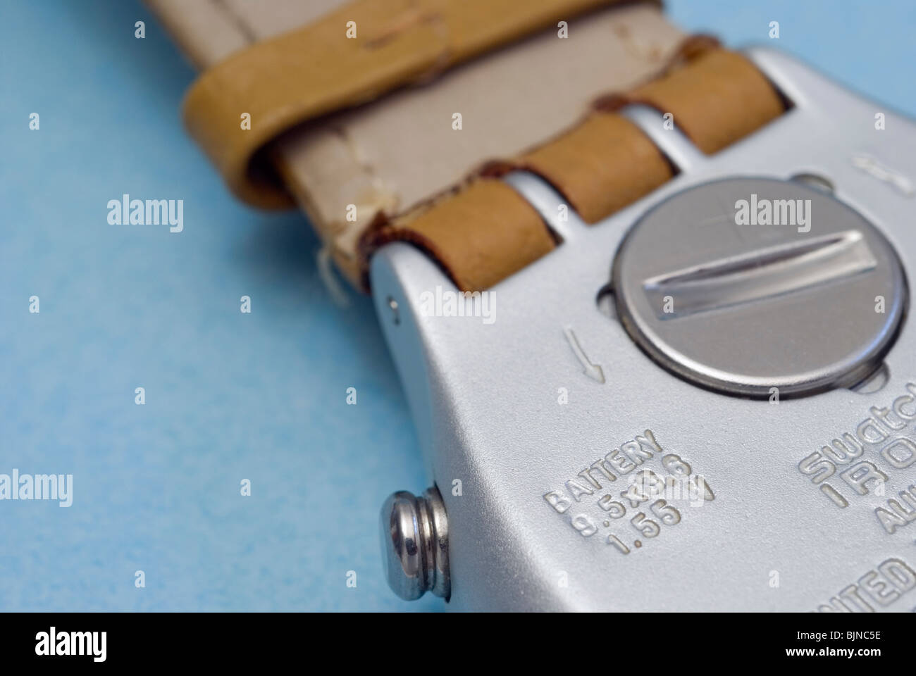 rear view of wrist watch with cell battery Stock Photo