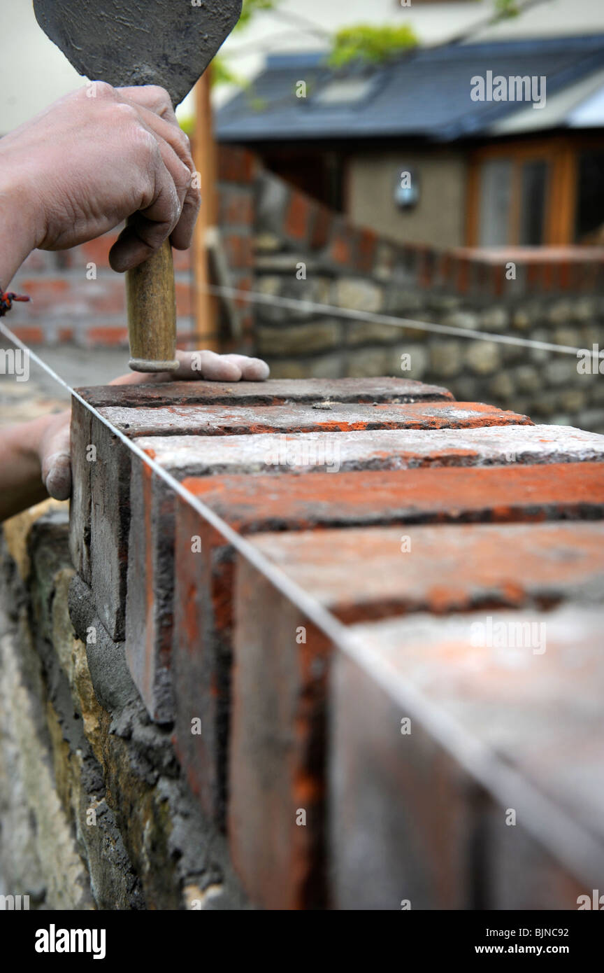 Building of a garden wall with Cotswold stone and reclaimed red bricks UK Stock Photo