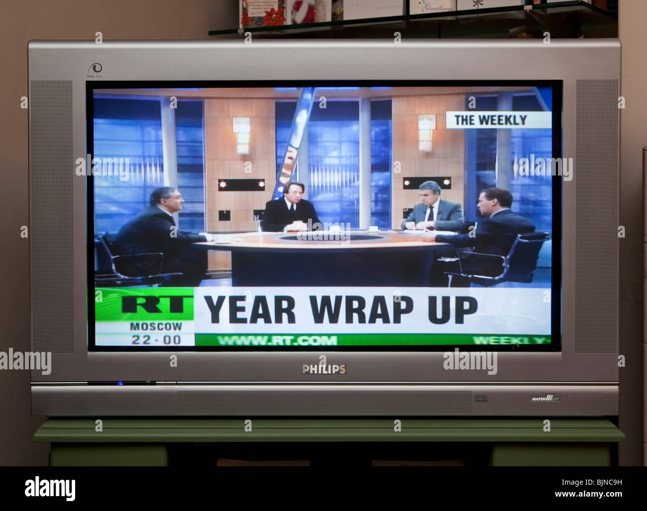TV screen showing Russia Today RT News channel Stock Photo